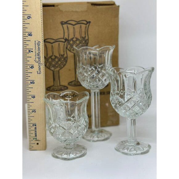 VTG Home Interior & Gifts Crystal Tulip Goblet Candle Holders Set 3 Press Glass - Picture 5 of 6